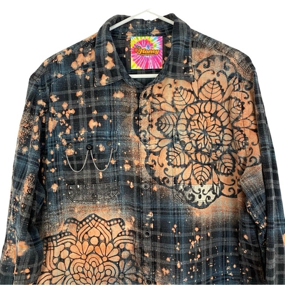 Boho Flannel Shirt Womens Size Large Mandala Flower Floral Plaid Wearable Art - Picture 3 of 11